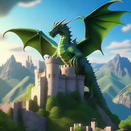 A majestic dragon soaring over a medieval castle with knights in shining armor standing guard