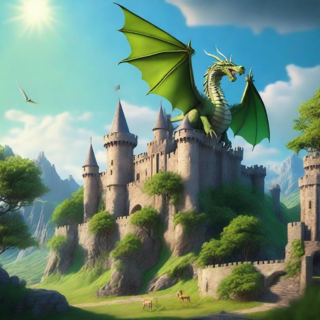 A majestic dragon soaring over a medieval castle with knights in shining armor standing guard