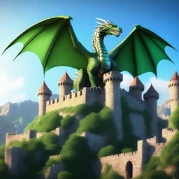 A majestic dragon soaring over a medieval castle with knights in shining armor standing guard