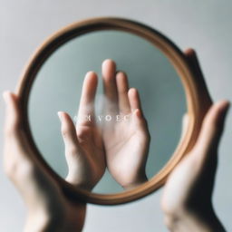 A nearly transparent woman's hand touching a mirror with the title 'quem é você' written on it