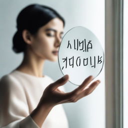 A nearly transparent woman's hand touching a mirror with the title 'quem é você' written on it