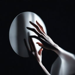 A black background with a nearly transparent woman's hand touching a mirror