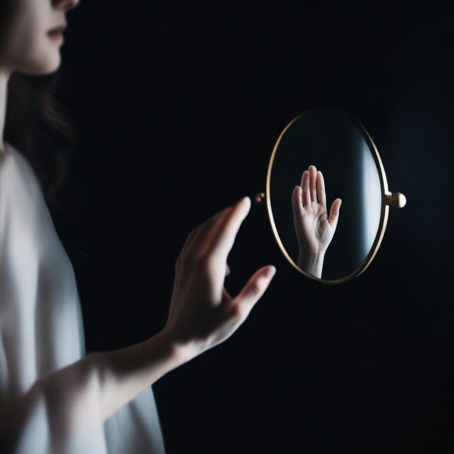 A black background with a nearly transparent woman's hand touching a mirror