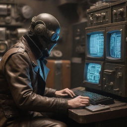 A hacker characterized by dieselpunk aesthetic, surrounded by retro-futuristic machinery with a rugged and industrial feel, working on vintage computers with an atmosphere of grit and determination.