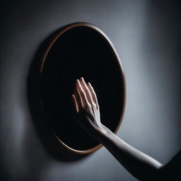 A black background with a nearly transparent woman's hand touching a mirror