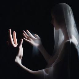 A black background with a nearly transparent woman's hand touching a mirror