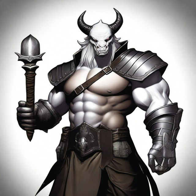 A powerful white dragonborn barbarian stands confidently, his fierce eyes and sharp teeth showcasing his strength