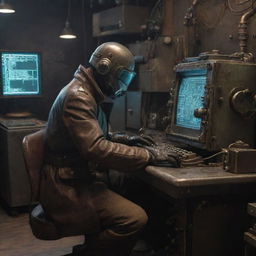 A hacker characterized by dieselpunk aesthetic, surrounded by retro-futuristic machinery with a rugged and industrial feel, working on vintage computers with an atmosphere of grit and determination.