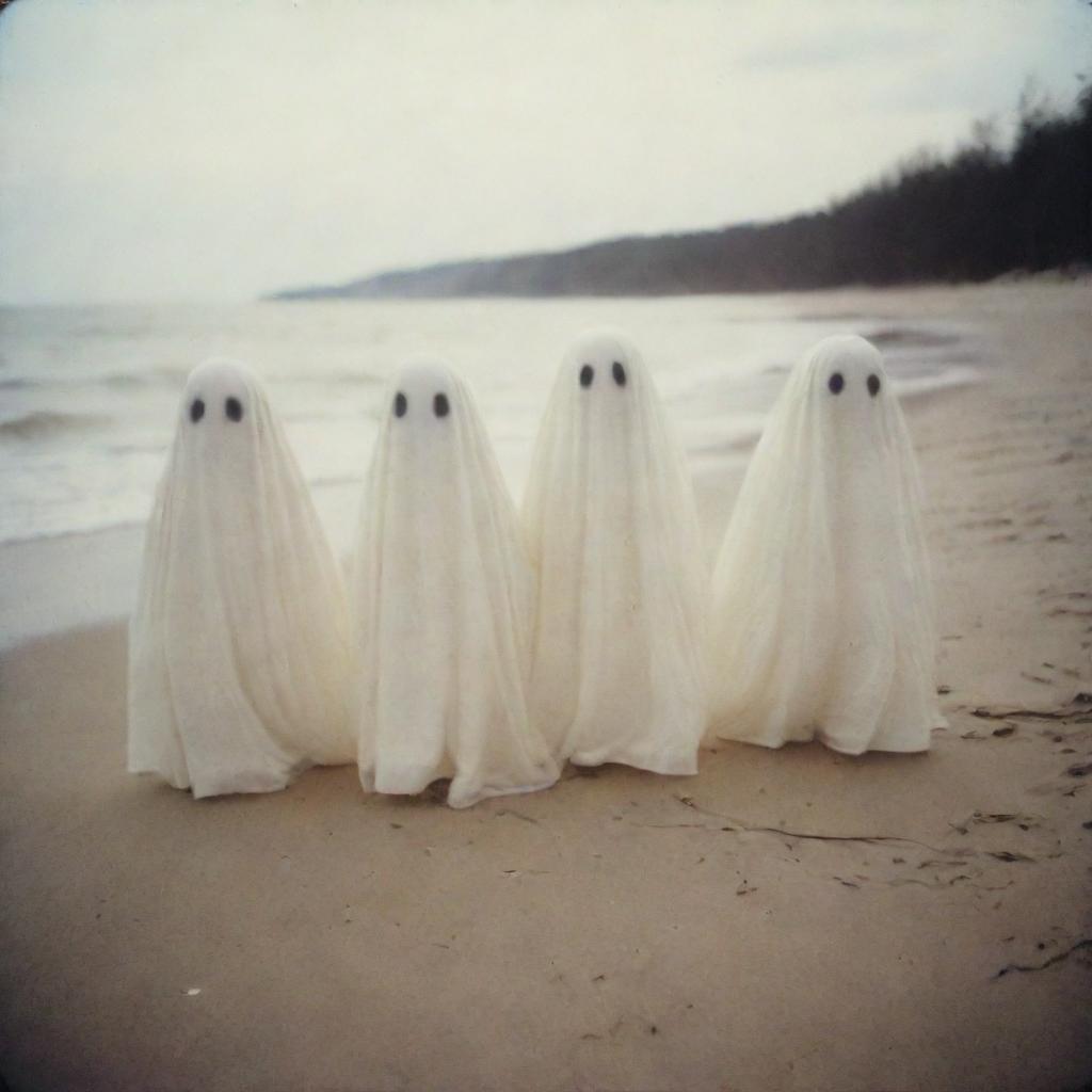 Four blurry, glowing ghosts captured on a sandy beach, with a grainy and faded quality typical of 1970s Polaroid photography.