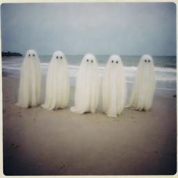 Four blurry, glowing ghosts captured on a sandy beach, with a grainy and faded quality typical of 1970s Polaroid photography.