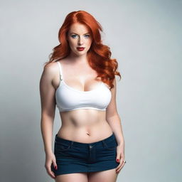 A redheaded woman with a voluptuous figure, wearing a short skirt