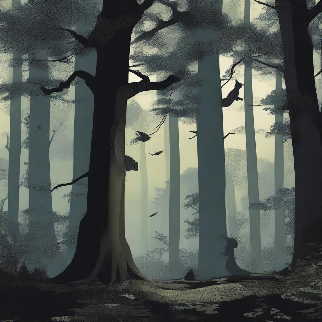 A dark, shadowy forest filled with towering trees and dense undergrowth