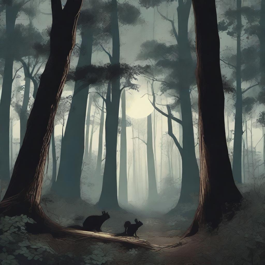 A dark, shadowy forest filled with towering trees and dense undergrowth