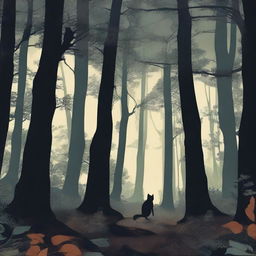 A dark, shadowy forest filled with towering trees and dense undergrowth