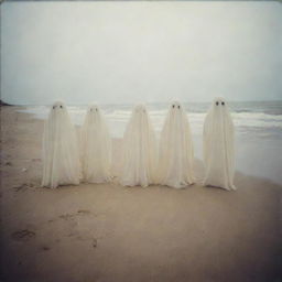 Four blurry, glowing ghosts captured on a sandy beach, with a grainy and faded quality typical of 1970s Polaroid photography.