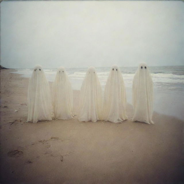 Four blurry, glowing ghosts captured on a sandy beach, with a grainy and faded quality typical of 1970s Polaroid photography.