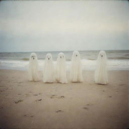 Four blurry, glowing ghosts captured on a sandy beach, with a grainy and faded quality typical of 1970s Polaroid photography.