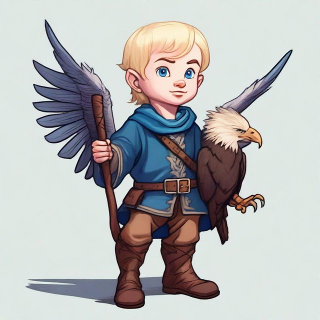 A male halfling, 4'5" tall and weighing 35lbs, with straight short blond hair, blue eyes, and light skin