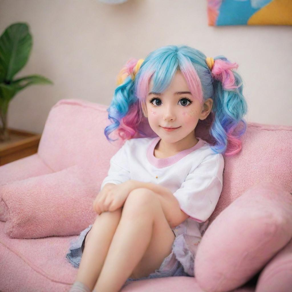 A cute anime girl with sparkling eyes and colorful hair, sitting comfortably on a plush couch in a cozy room