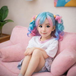 A cute anime girl with sparkling eyes and colorful hair, sitting comfortably on a plush couch in a cozy room