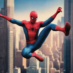 Spiderman in New York City, jumping from a skyscraper