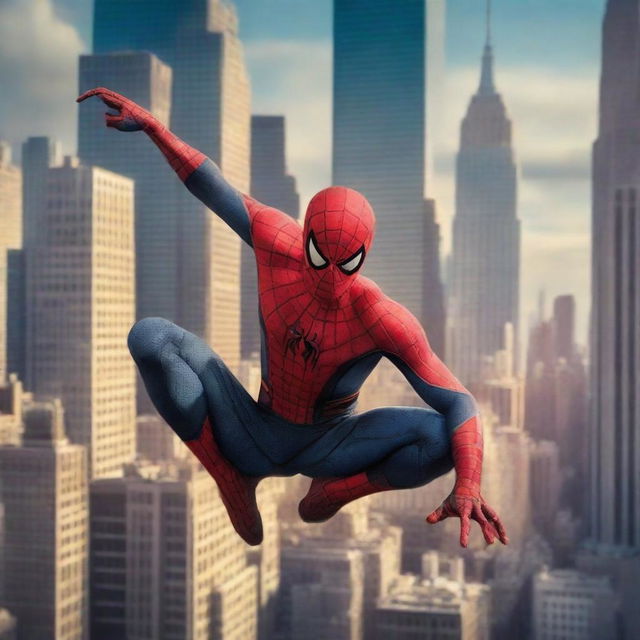 Spiderman in New York City, jumping from a skyscraper