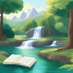 A book cover featuring a serene landscape with a cascading waterfall, a tranquil lake, and lush trees