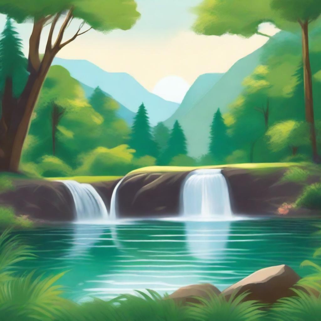 A book cover featuring a serene landscape with a cascading waterfall, a tranquil lake, and lush trees