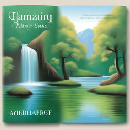 A book cover featuring a serene landscape with a cascading waterfall, a tranquil lake, and lush trees