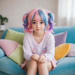 A cute anime girl with sparkling eyes and colorful hair, sitting comfortably on a plush couch in a cozy room