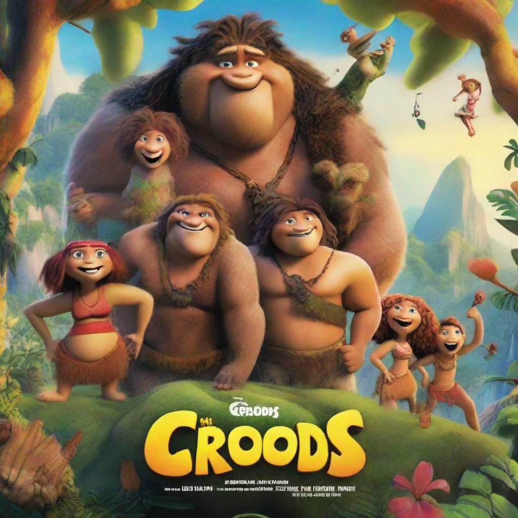 A movie poster for the film 'The Croods' featuring the characters in a vibrant, prehistoric landscape