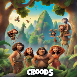 A movie poster for the film 'The Croods' featuring the characters in a vibrant, prehistoric landscape