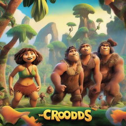 A movie poster for the film 'The Croods' featuring the characters in a vibrant, prehistoric landscape