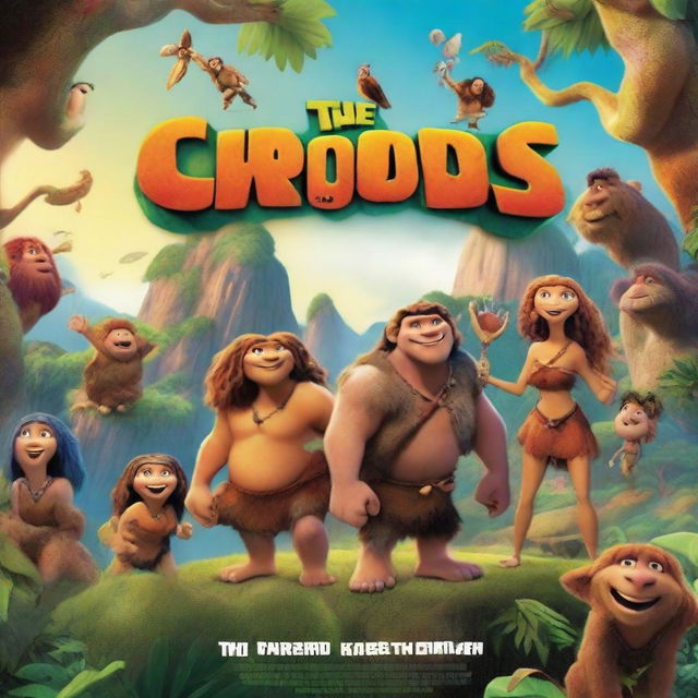 A movie poster for the film 'The Croods' featuring the characters in a vibrant, prehistoric landscape