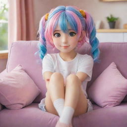 A cute anime girl with sparkling eyes and colorful hair, sitting comfortably on a plush couch in a cozy room