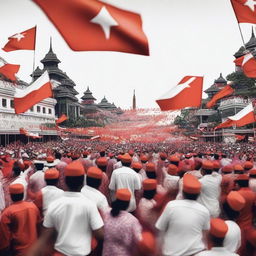 A vibrant scene showing a large crowd of people celebrating Indonesian independence