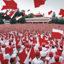 A vibrant scene showing a large crowd of people celebrating Indonesian independence