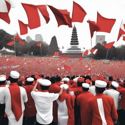 A vibrant scene showing a large crowd of people celebrating Indonesian independence