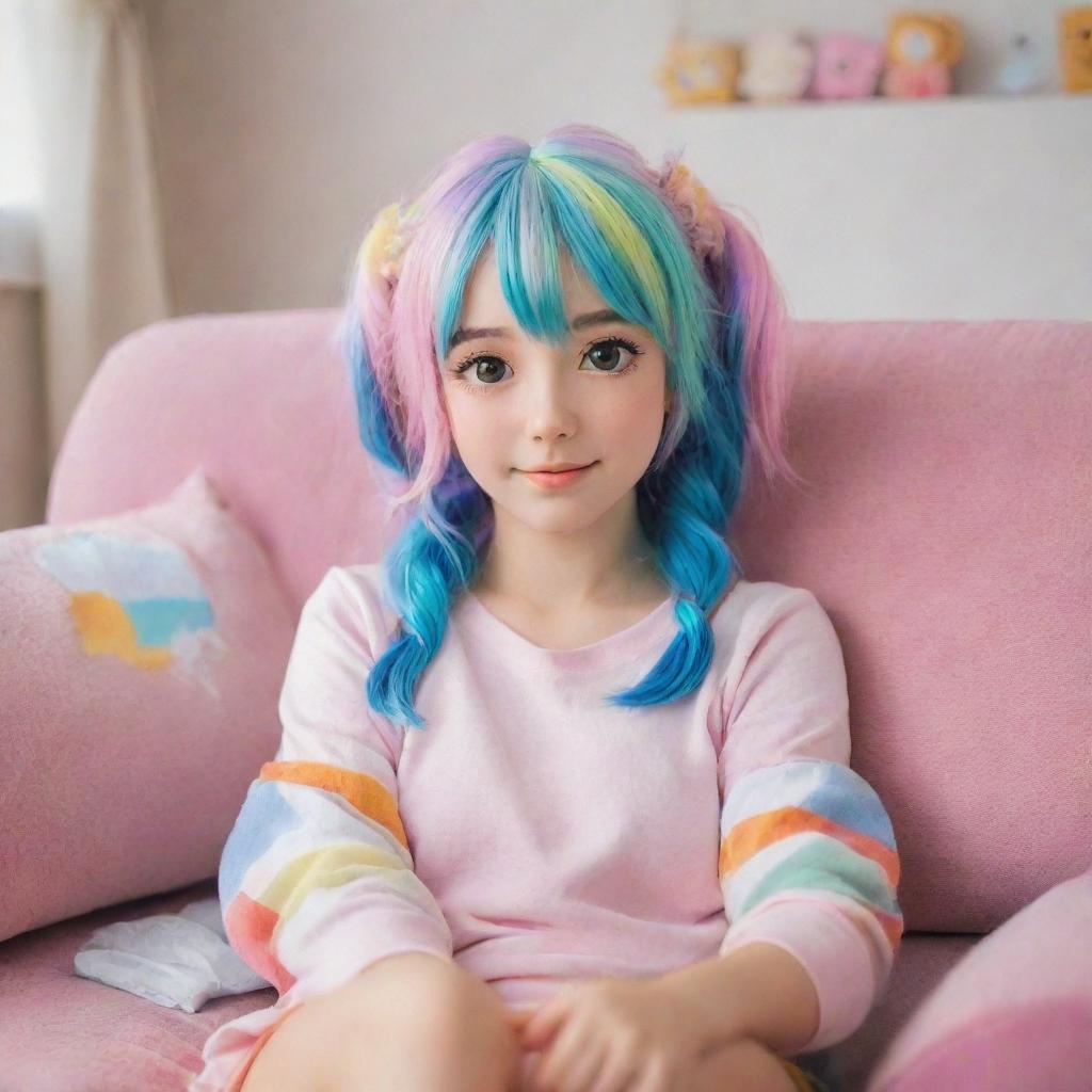 A cute anime girl with sparkling eyes and colorful hair, sitting comfortably on a plush couch in a cozy room