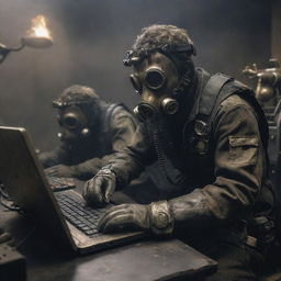 A hacker depicted in a gaspunk scenario, covered in gas masks and worn metal gear, amid a smoky, atmospheric environment, working on brass and steel computing machines.