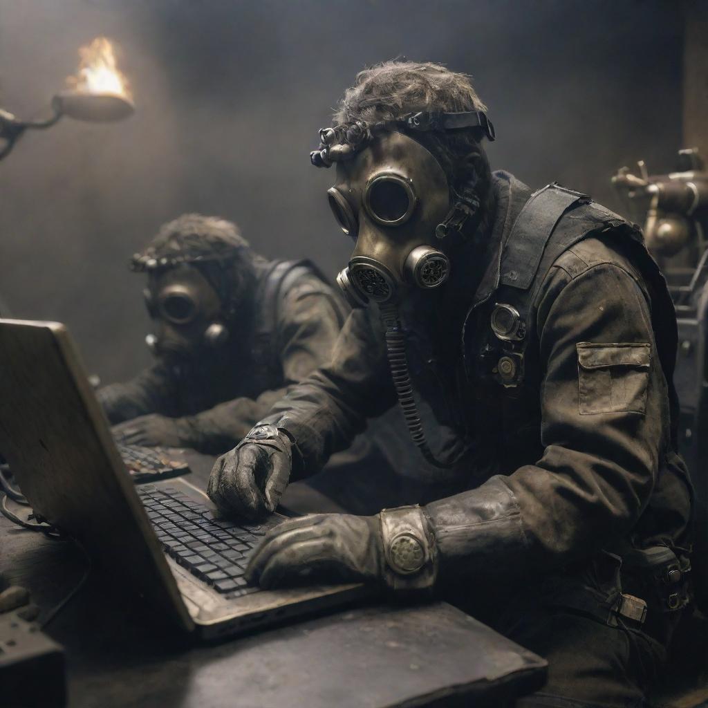 A hacker depicted in a gaspunk scenario, covered in gas masks and worn metal gear, amid a smoky, atmospheric environment, working on brass and steel computing machines.