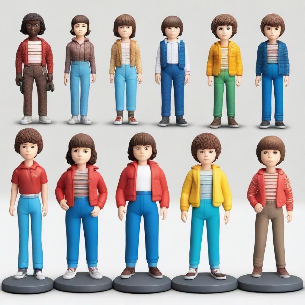 A detailed collection of Stranger Things figurines, showcasing characters like Eleven, Mike, Dustin, Lucas, and Will in various iconic poses from the show