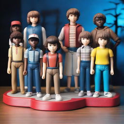 A detailed collection of Stranger Things figurines, showcasing characters like Eleven, Mike, Dustin, Lucas, and Will in various iconic poses from the show