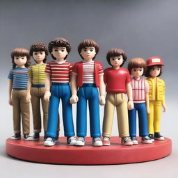 A detailed collection of Stranger Things figurines, showcasing characters like Eleven, Mike, Dustin, Lucas, and Will in various iconic poses from the show