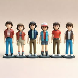 A detailed collection of Stranger Things figurines, showcasing characters like Eleven, Mike, Dustin, Lucas, and Will in various iconic poses from the show