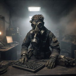 A hacker depicted in a gaspunk scenario, covered in gas masks and worn metal gear, amid a smoky, atmospheric environment, working on brass and steel computing machines.