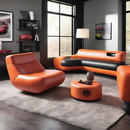 A collection of motorsports inspired furniture, featuring sleek designs and vibrant colors