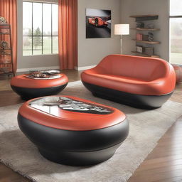 A collection of motorsports inspired furniture, featuring sleek designs and vibrant colors