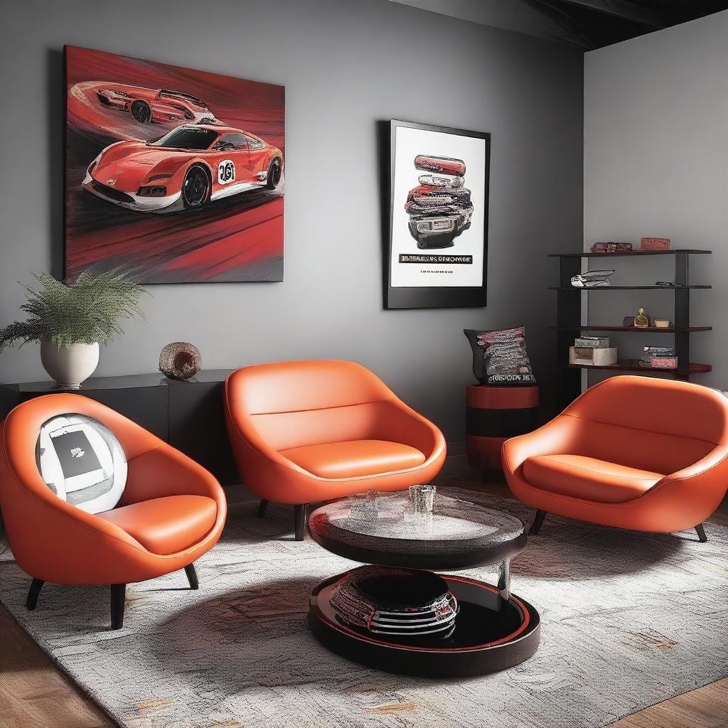 A collection of motorsports inspired furniture, featuring sleek designs and vibrant colors