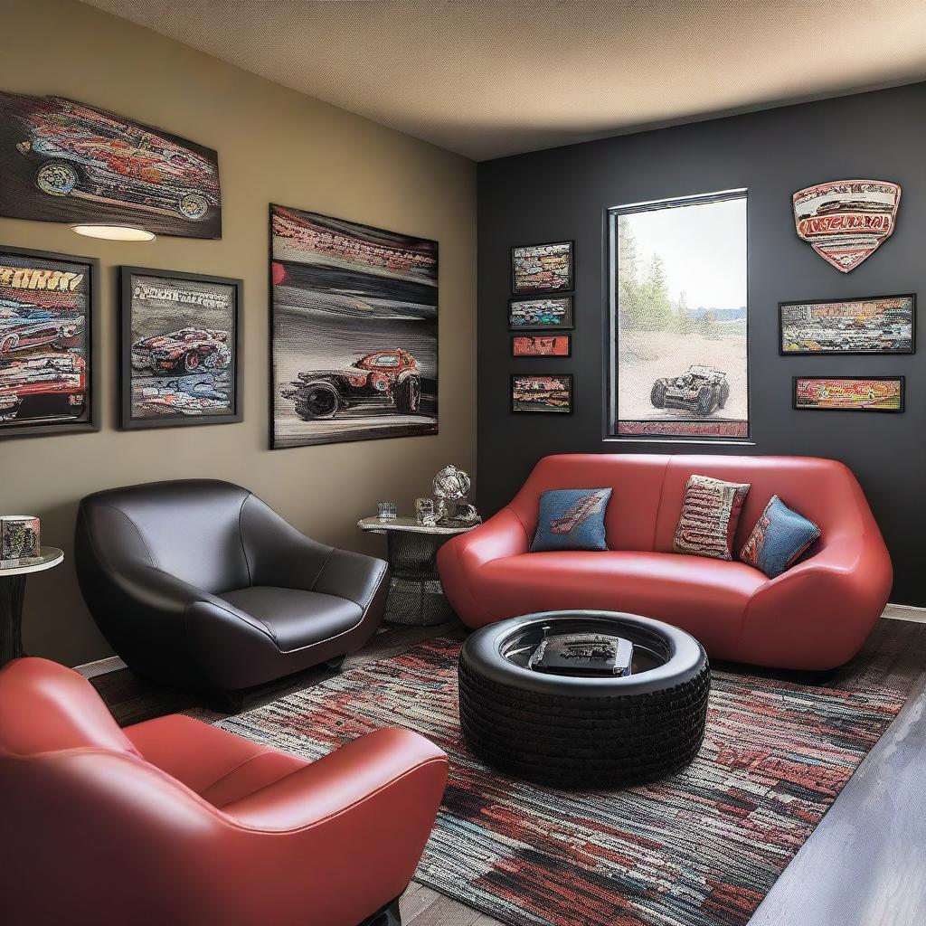 A stylish living room filled with motorsports inspired furniture